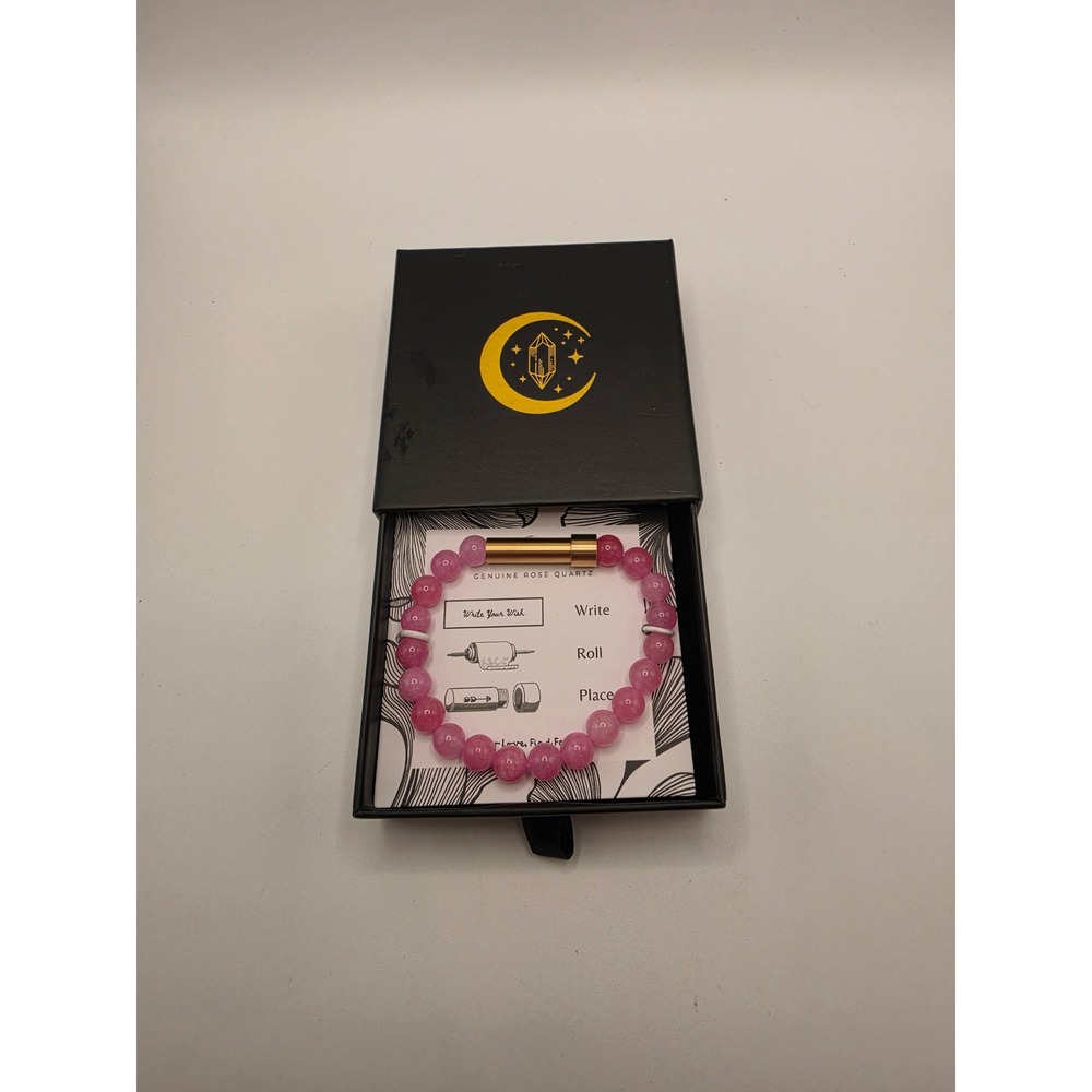 Wish Paper Genuine Rose Quartz Manifestation Bracelet Secret Compart Pink Gold